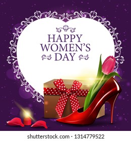 Purple greeting postcard for women's day with paper heart and women's Shoe with tulips inside