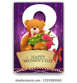 Purple greeting postcard for women's day with parchment and Teddy bear with a bouquet of tulips