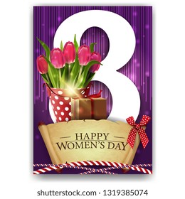 Purple greeting postcard for women's day with parchment, bucket with tulips and gift