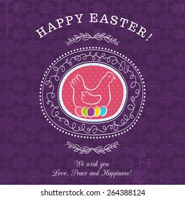 Purple greetings card for Easter Day with roundet frames  with easter  eggs and hen. There inscription Happy Easter. Decorative composition suitable for invitations, greeting  cards, flyers, banners.