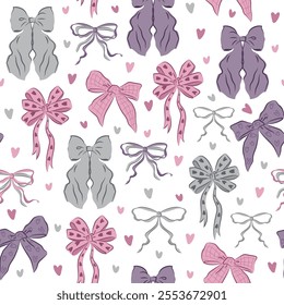 Purple and grey bows retro vector pattern. Valentine presents ribbons background with hearts