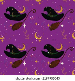 Purple And Grey Spooky Witch Seamless Pattern 