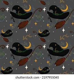 Purple And Grey Spooky Witch Seamless Pattern 