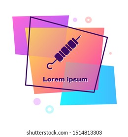 Purple Grilled shish kebab on skewer stick icon isolated on white background. Meat kebab on skewer stick. Picnic with grilled meat. Color rectangle button. Vector Illustration