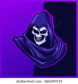 Purple Grim Reaper esport and sport mascot logo design with modern illustration concept style for team, badge, emblem and patch. Gaming Logo Template on Isolated Background. Vector illustration