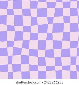 Purple groovy chessboard seamless pattern. Trendy y2k distorted gingham background. Wavy chessboard texture. Vaporwave and synthwave minimal design. Repeat vector illustration