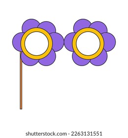 Purple Groovy Glasses Daisies. Paper props for party. Masks for a photo shoot. Fashion retro hippie style. Vector illustration on white background