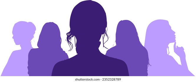 Purple Group of Women Silhouettes, Female Silhouettes, women portrait silhouettes illustration , Lady Silhouettes, Abstract Women illustration , Feminine Shadow Figures, Woman Silhouette Profile
