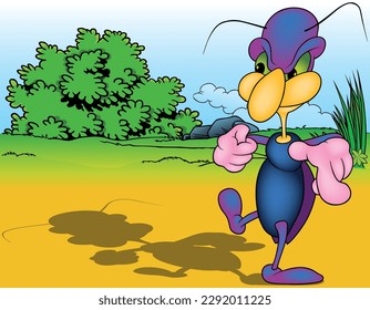 Purple Grumpy Beetle with Long Neck and Green Eyes - Colored Cartoon Illustration with Background, Vector