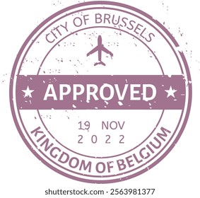 Purple grunge rubber stamp featuring the City of Brussels, Kingdom of Belgium, displaying an airplane icon and the word approved, dated 19 November 2022, evokes travel and adventure