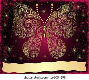 Purple grungy Christmas frame with gold grungy butterfly and gold wave strip (vector)