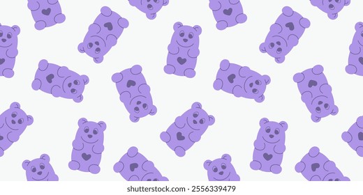 Purple gummy bears seamless pattern. Soft pastel colored background with doodle jelly character, sweet marmalade print for fabric, textile, wrapping paper, cover, backdrop, wallpaper. Vector