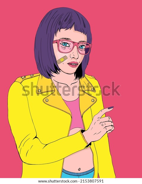 Purple Hair Girl Pointing Vector Illustration Stock Vector Royalty