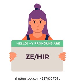 Purple Hair Non Binary Person Holding Sign With Pronouns Ze Hir. Flat Style Vector Illustration