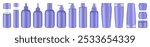 Purple hair treatment bottles with pump, dispenser. Korean packaging. Shampoo, balm, mask. Hair spray, container, mockup of aerosol. Squeeze bottles. Dropper, squeeze bottles	
