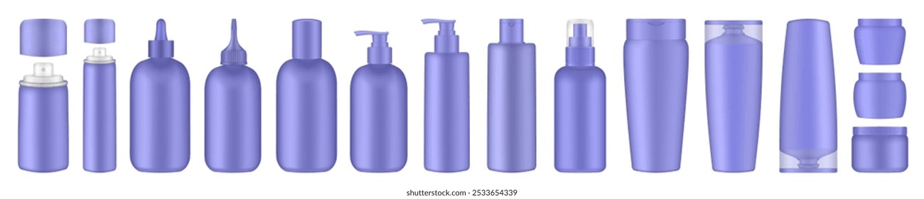 Garrafas de tratamento de cabelo roxo com bomba, dispensador. Embalagem coreana. Xampu, bálsamo, máscara. Pulverizador, recipiente, maquete de aerossol. Aperte as garrafas. Gotas, garrafas de aperto	
