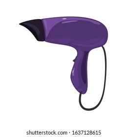 Purple hairdryer for home, hotel, hairdressing salon, barber shop. Blowdryer designed to blow cool or hot air over wet or damp hair for drying. Vector cartoon illustration isolated on white.