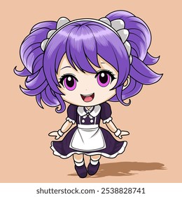 Purple haired chibi girl in waitress uniform