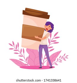 Purple Haired Woman Carrying Huge Coffee Cup and Floral Backdrop Vector Illustration