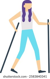 Purple haired woman practicing nordic walking with sticks, improving her physical condition and enjoying outdoor activity promoting healthy lifestyle