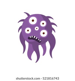 Purple Hairy Aggressive Malignant Bacteria Monster With Sharp Teeth And Five Eyes Cartoon Vector Illustration