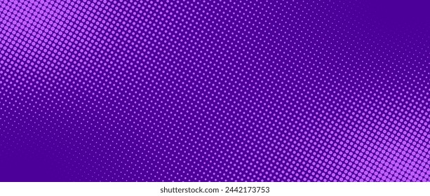 Purple halftone gradient texture. Violet dotted comic style background. Abstract pop art cartoon backdrop for banner, flyer, leaflet, brochure, booklet, cover. Vector colorful dot grain wallpaper