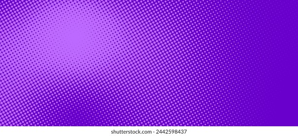 Purple halftone gradient texture. Violet dotted comic style background. Abstract pop art cartoon backdrop for banner, flyer, leaflet, brochure, booklet, cover. Vector color dot grain overlay wallpaper