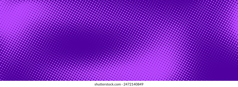 Purple halftone pattern. Retro comic gradient background. Violet pixelated dotted texture overlay. Cartoon pop art faded gradient pattern. Vector backdrop for poster, banner, advertisement