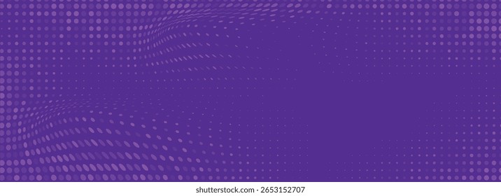Purple halftone pattern. Retro comic gradient background. Violet pixelated dotted texture overlay. Cartoon pop art faded gradient pattern. Vector backdrop for poster, banner, advertisement