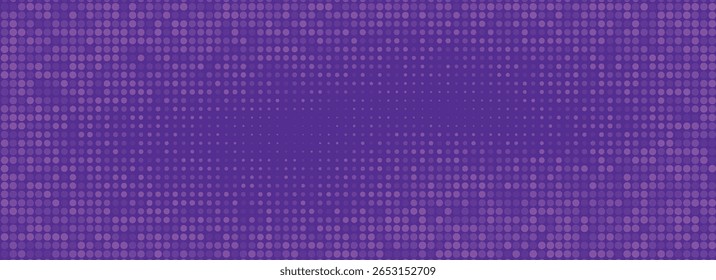 Purple halftone pattern. Retro comic gradient background. Violet pixelated dotted texture overlay. Cartoon pop art faded gradient pattern. Vector backdrop for poster, banner, advertisement