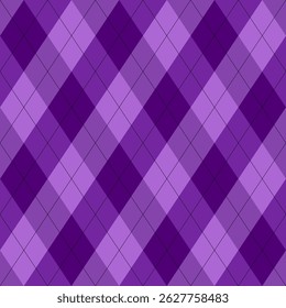 Purple Halloween argyle pattern with seamless diamond shapes in black and orange. Perfect for spooky fabric, seasonal packaging, Halloween party decor, and digital backgrounds.