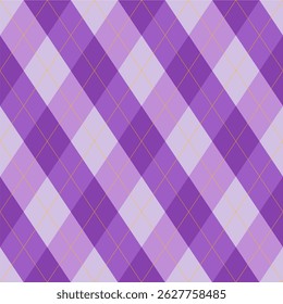 Purple Halloween argyle pattern with seamless diamond shapes in black and orange. Perfect for spooky fabric, seasonal packaging, Halloween party decor, and digital backgrounds.