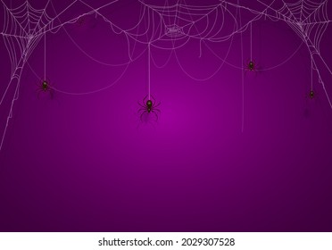 Purple Halloween background. Banner with scary black spiders on cobwebs. Illustration can be used for holiday cards, backdrops, children's design, invitations and banners.