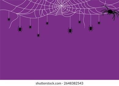 Fundo de Halloween roxo com aranhas suspensas e borda de teia de aranha, perfeito para temas de férias assustadores e convites de festa.