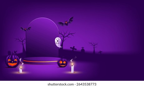 Purple Halloween background with pumpkins, bats, a ghost, and candles. Perfect for spookythemed designs, greeting cards, invitations, and Halloween promotions.