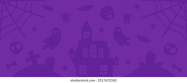 Fundo de halloween roxo com elementos assustadores. Mansão assombrada, fantasmas, crânio, ossos, aranhas, morcegos, teia, cemitério. Ilustração vetorial.