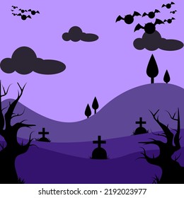 Purple Halloween background with tombstones, trees, mountains and bats.