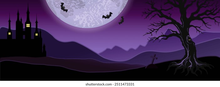 Fondo púrpura del Anuncio de Halloween con el paisaje brillante, brumoso con las montañas, castillo viejo, casa, árbol, luna grande, cruz grave. Ilustración mística de otro mundo.