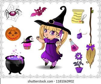 Purple halloween cartoon set of various objects for witches and cute little witch girl in costume and hat isolated on white background. Vector icons, clip art, elements for game or character creation