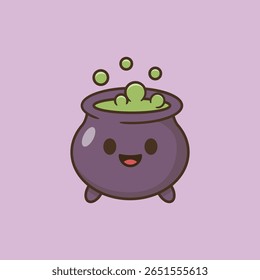 Purple Halloween cauldron with bubbling green potion vector cartoon illustration