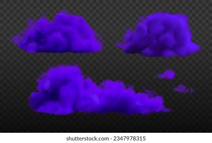 Purple Halloween cloud set. Realistic vector magic smoke or fog background isolated. Violet transparent sky effect, mystic night