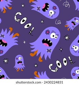 Purple Halloween Ghost Vector Seamless Pattern