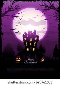 Purple Halloween haunted house background vector illustration, with place for text and moon in the sky