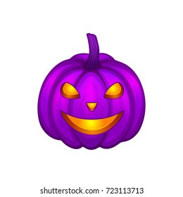 Purple Halloween lantern pumpkin . Funny happy face. Vector illustration on a white background.