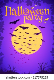 Purple Halloween party background with flying bats and yellow moon