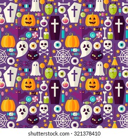 Purple Halloween Party Seamless Pattern. Flat Style Vector Seamless Texture Background. Halloween Holiday Template. Trick or Treat