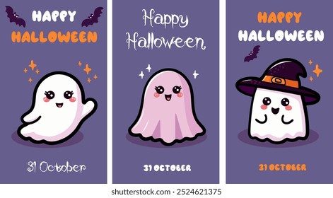 Purple Halloween poster.Ghost. Trendy flat style and funny characters. Cute vector poster for postcard, flyer, banner