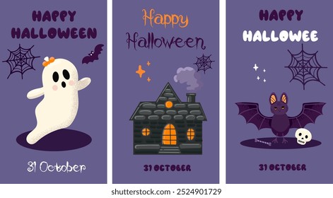  Purple Halloween poster.Ghost. Trendy flat style and funny characters. Cute vector poster for postcard, flyer, banner