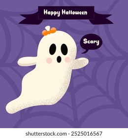 Purple Halloween poster.Ghost. Trendy flat style and funny characters. Cute vector poster for postcard, flyer, banner