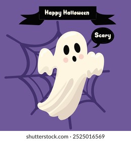 Purple Halloween poster.Ghost. Trendy flat style and funny characters. Cute vector poster for postcard, flyer, banner